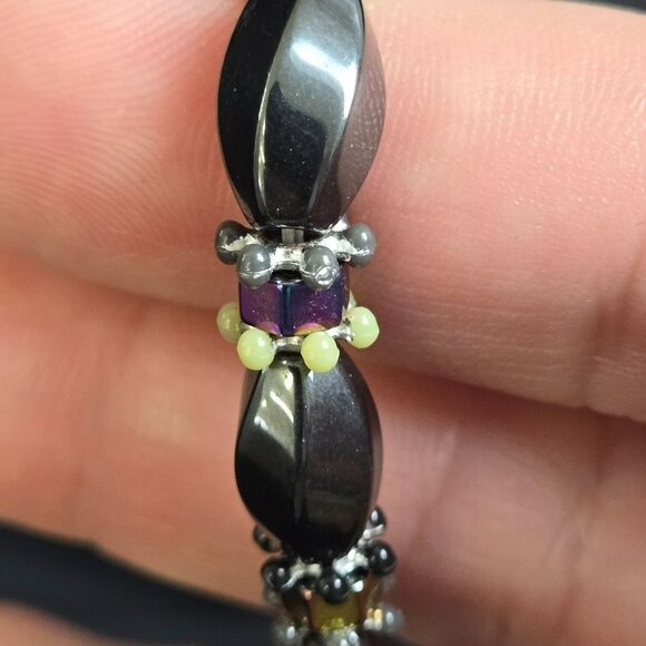 Magnetic Hematite Bracelet Rainbow Cube Accents Silver Tone Stretch 7" - Picture 4 of 7